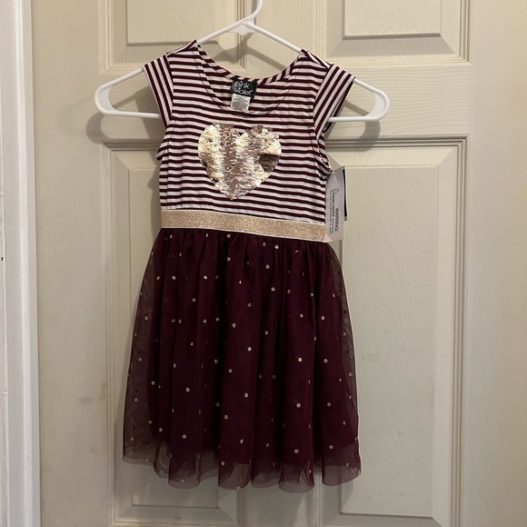 Pink & Violet Striped Dress with Gold Sequin Heart and Tulle Skirt -size 5 - Picture 1 of 9